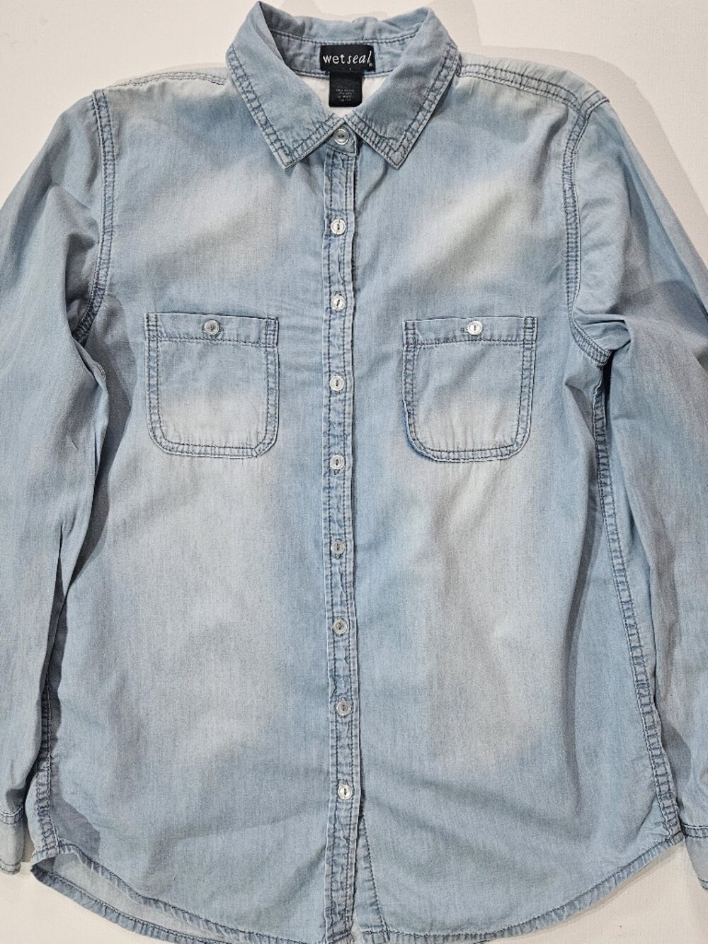 Vintage Y2K Wet Seal Denim Shirt Womens Small Blue Chambray Flap Pocket Festival
